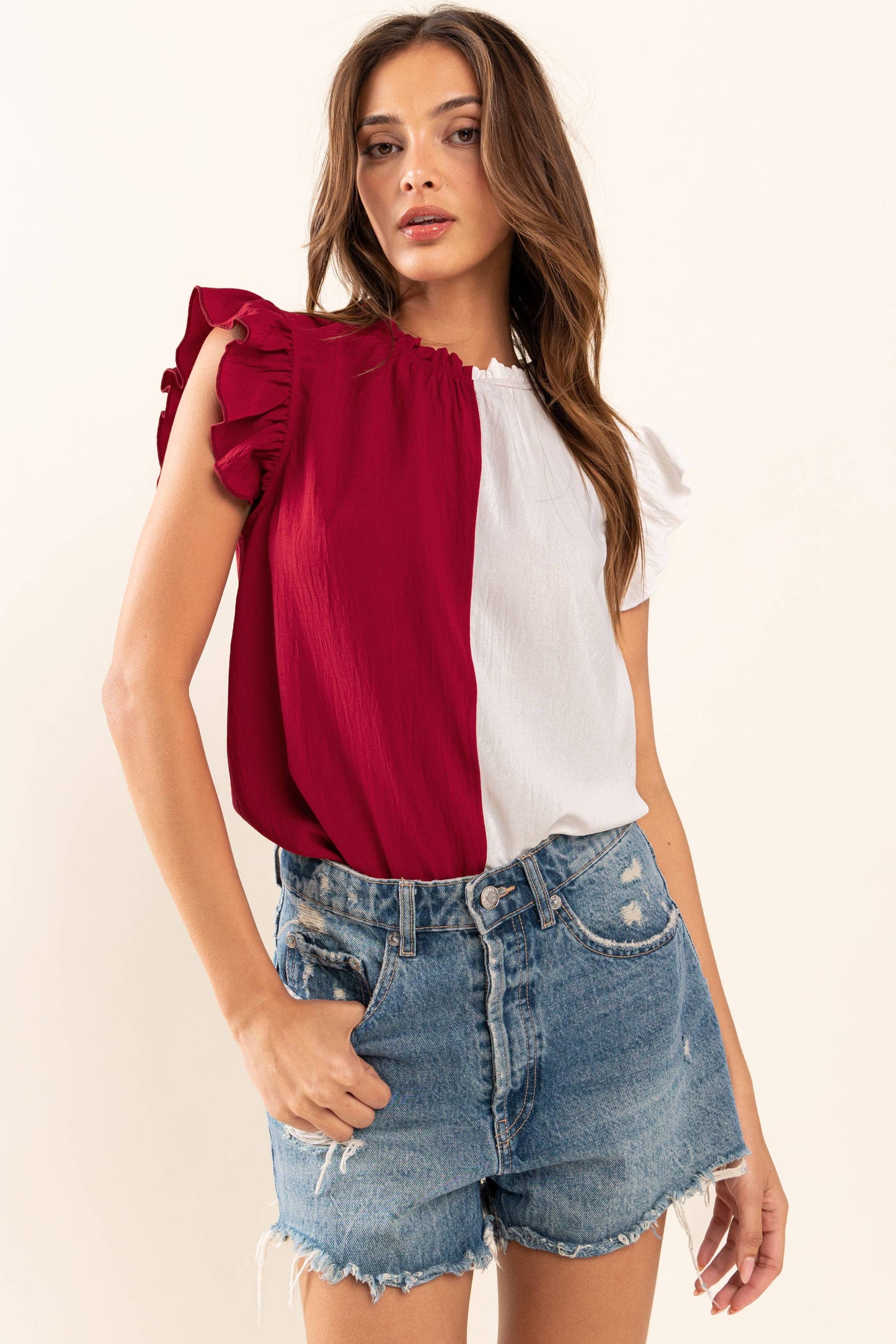 Game Day Ruffle Sleeveless Woven Blouse Top