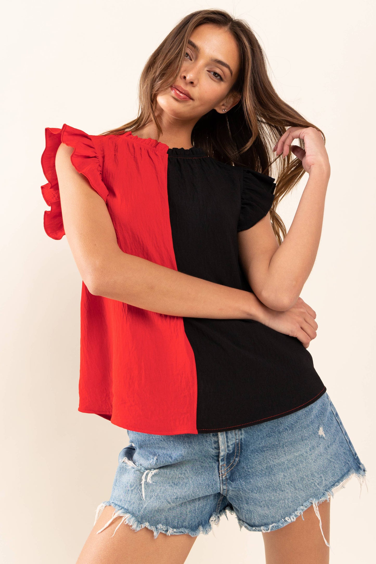 Game Day Ruffle Sleeveless Woven Blouse Top