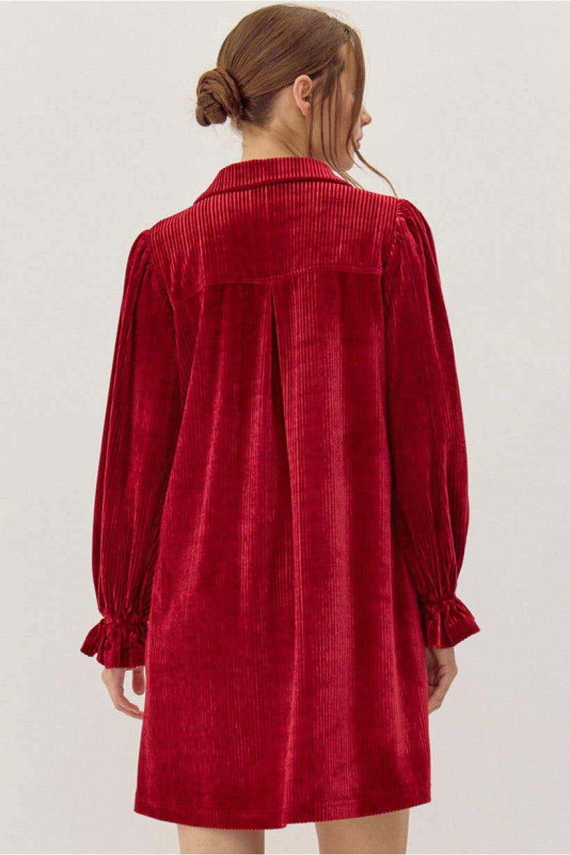 Red Corduroy Velvet Shirt Dress