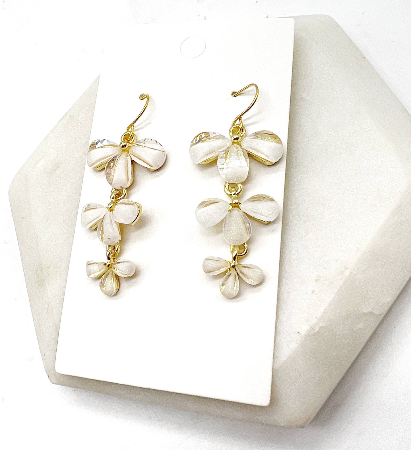 White Cascading Flower Metal Statement Earrings