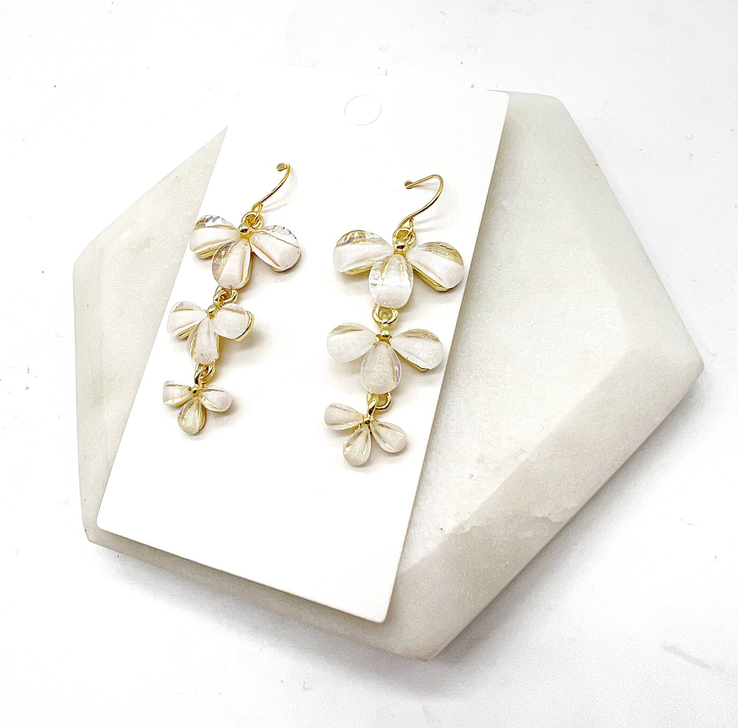 White Cascading Flower Metal Statement Earrings