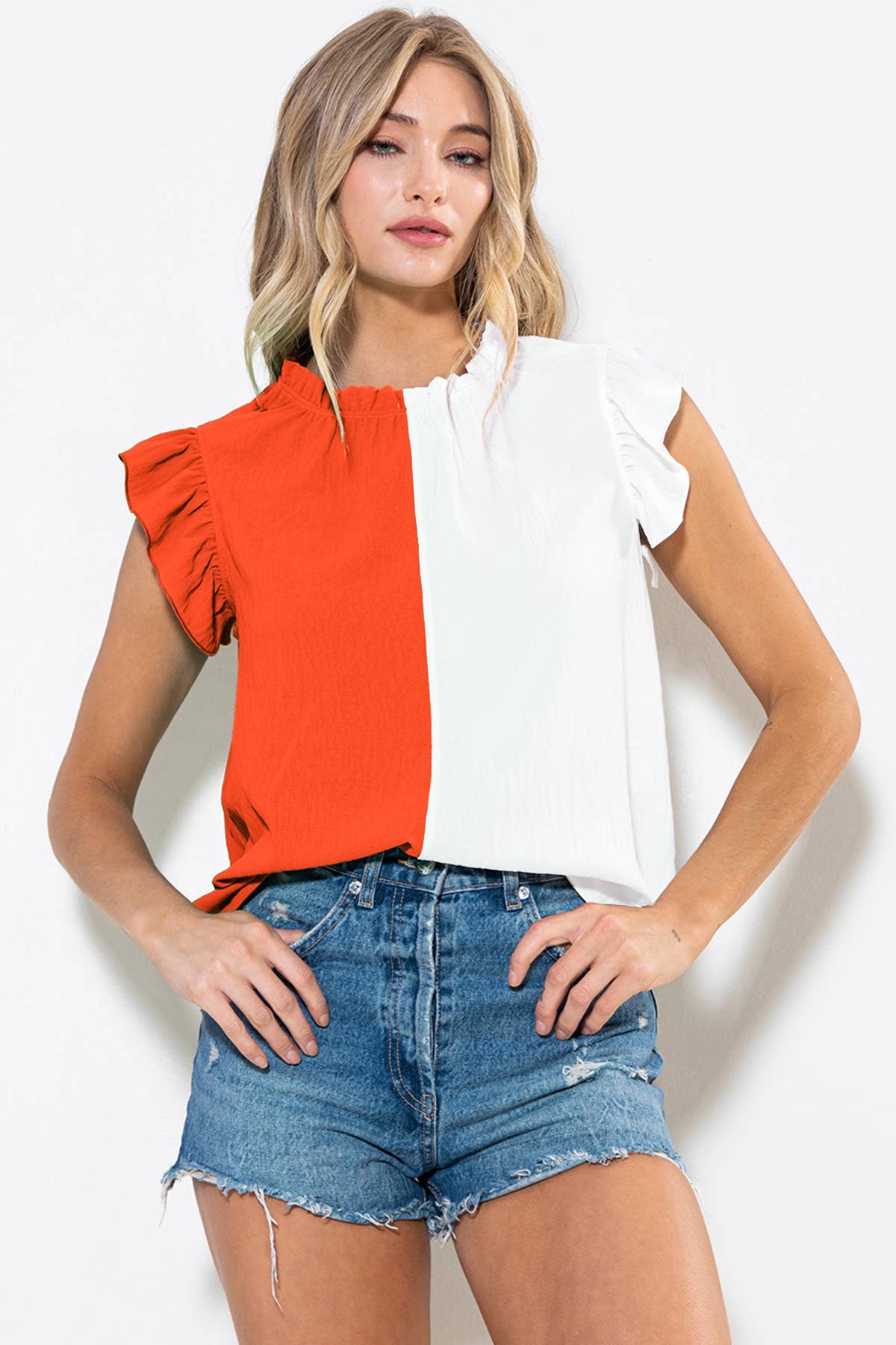 Game Day Ruffle Sleeveless Woven Blouse Top