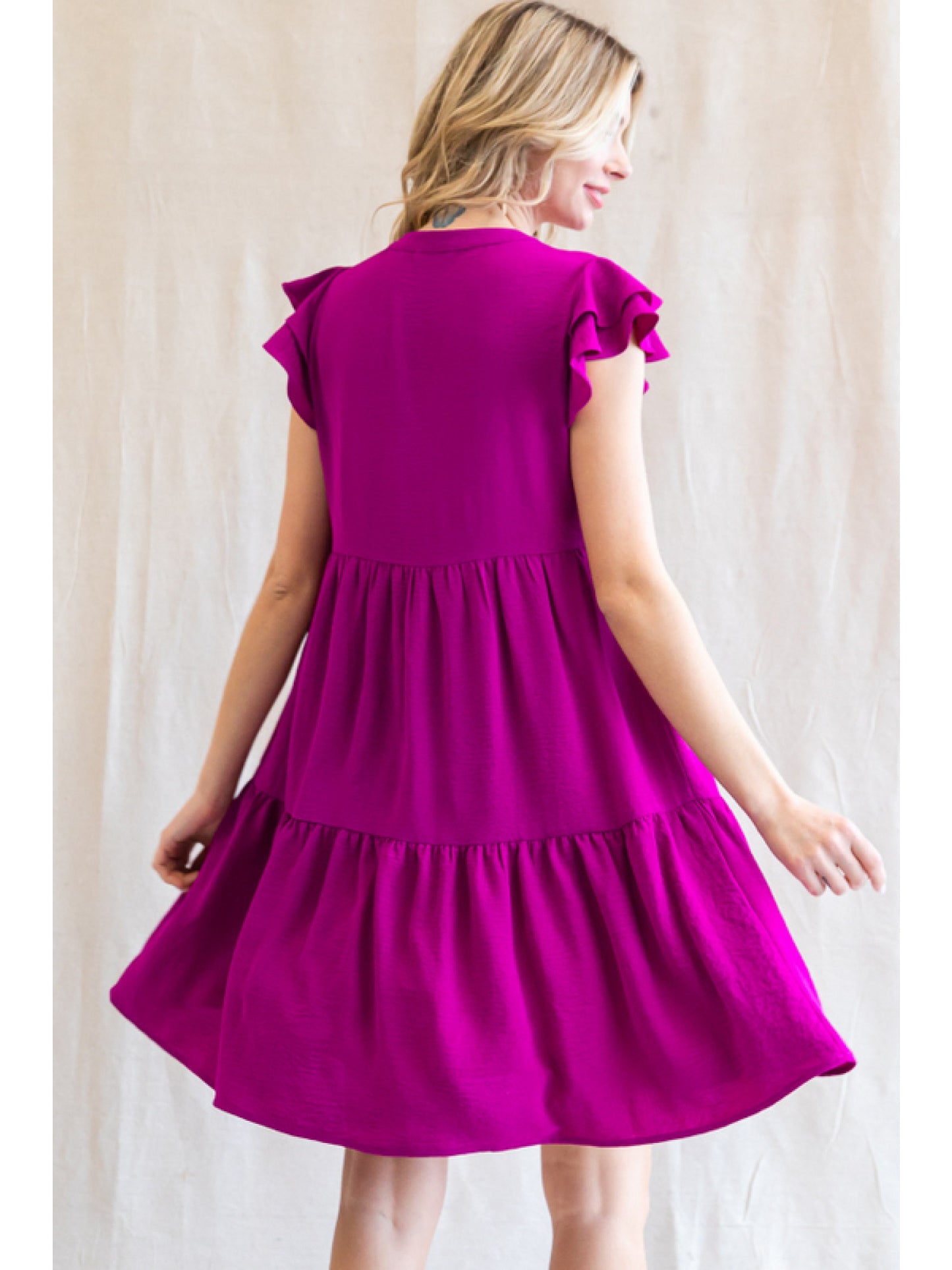 Magenta Ruffle Sleeve Tiered Dress