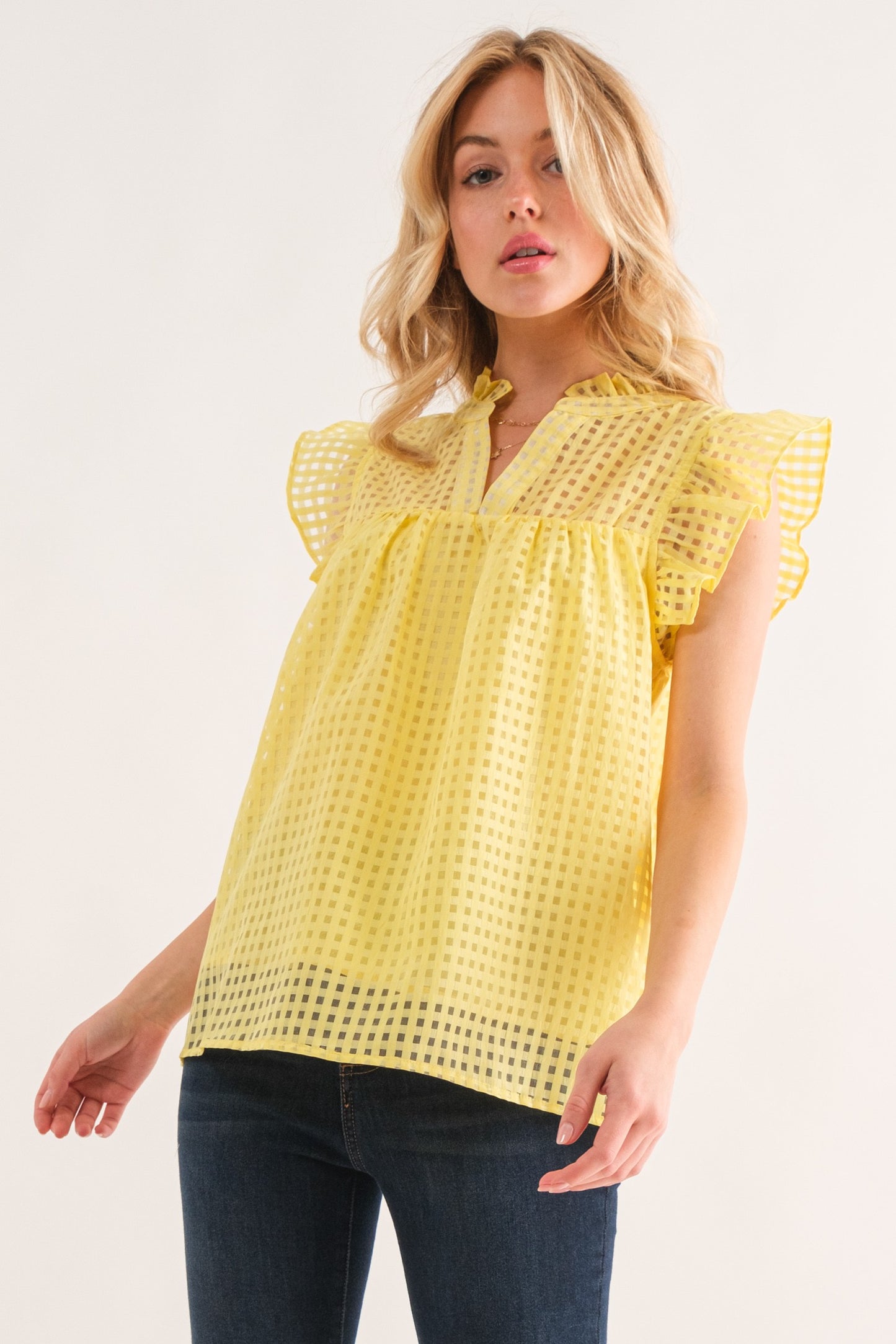 Yellow Sheer Grid Baby Doll Top