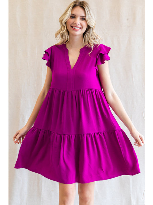 Magenta Ruffle Sleeve Tiered Dress