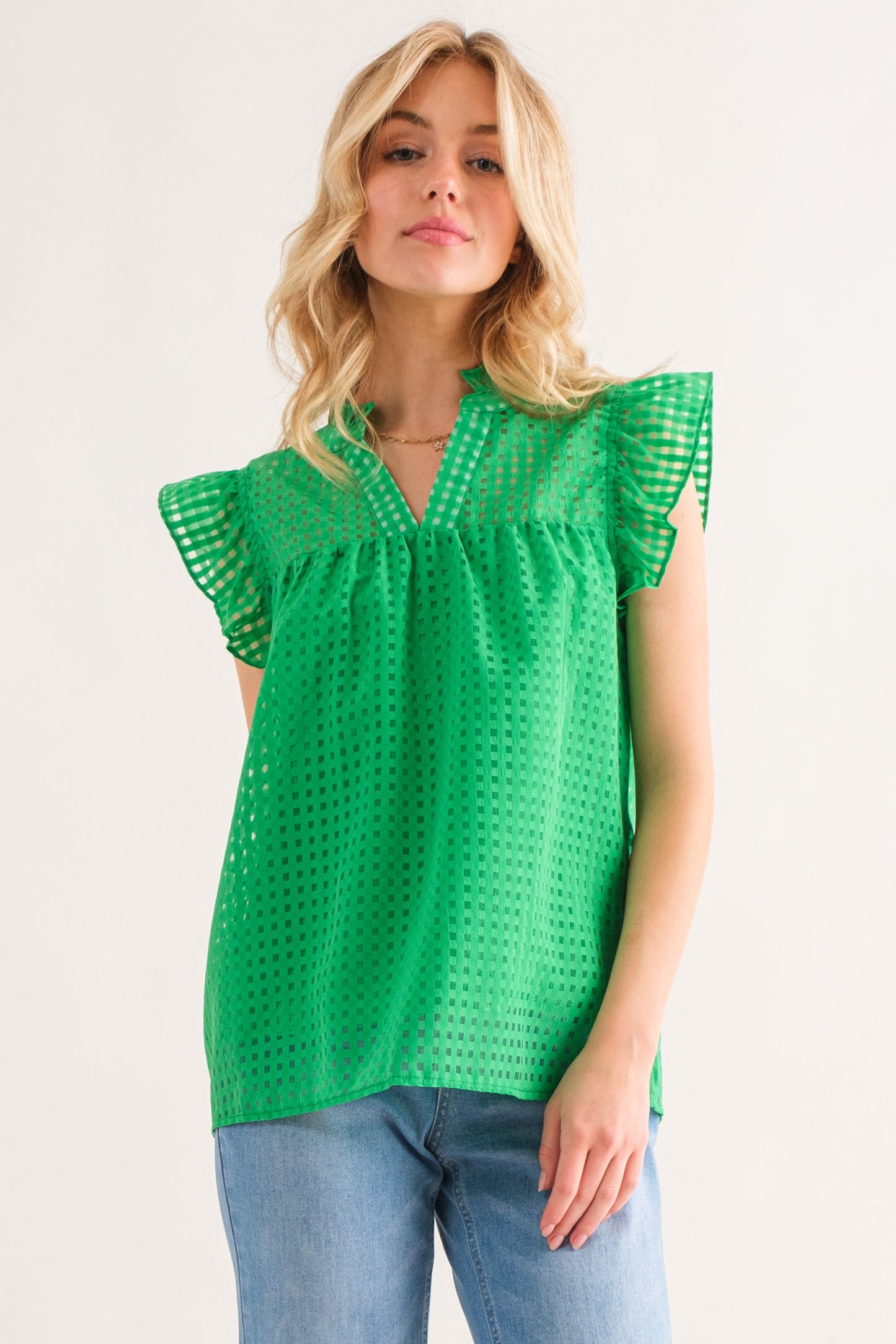 Green Sheer Grid Baby Doll Top