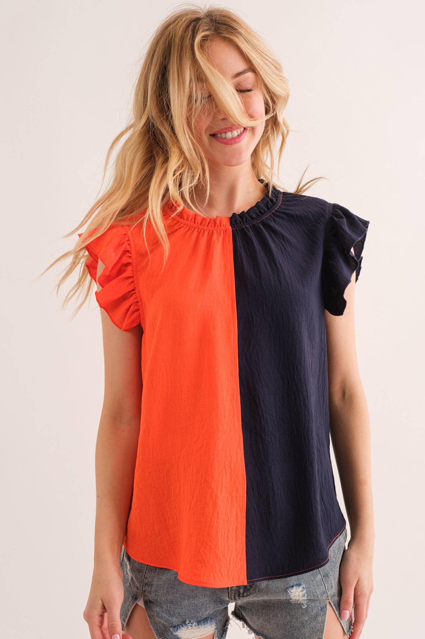 Game Day Ruffle Sleeveless Woven Blouse Top