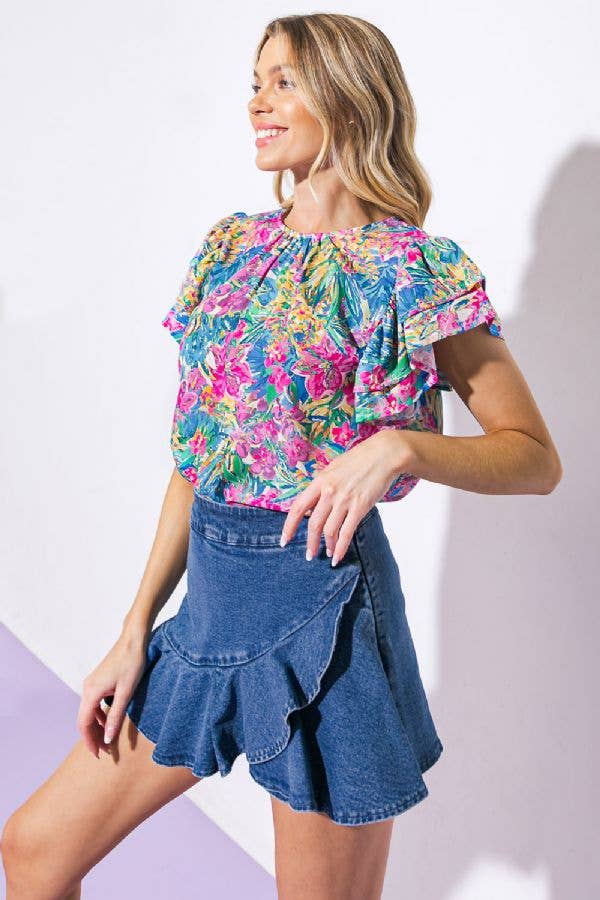 Floral Flutter Sleeve Top