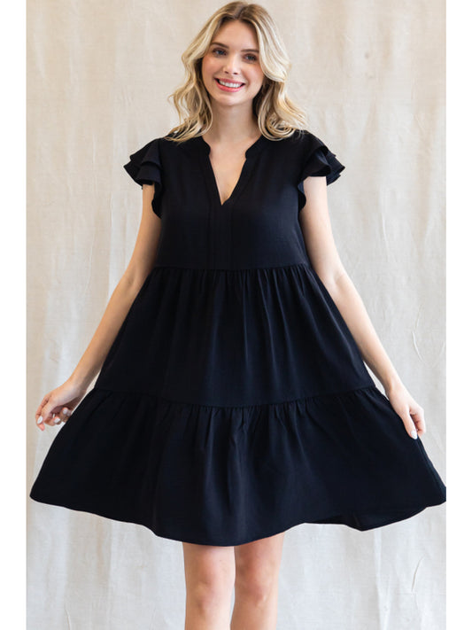 Black Ruffle Sleeve Tiered Dress