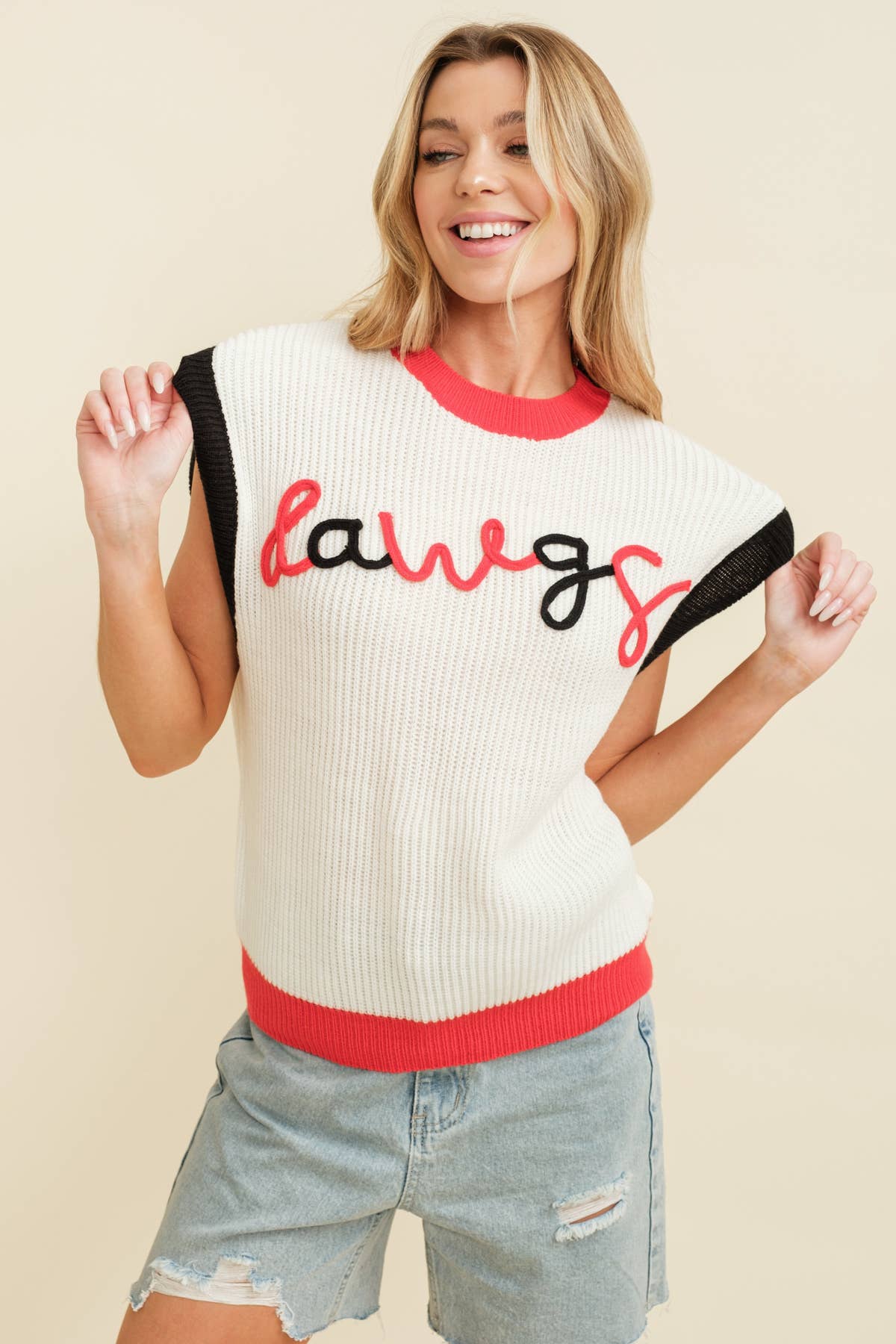 “DAWGS" Embroidered Colorblock Sleeveless Sweater