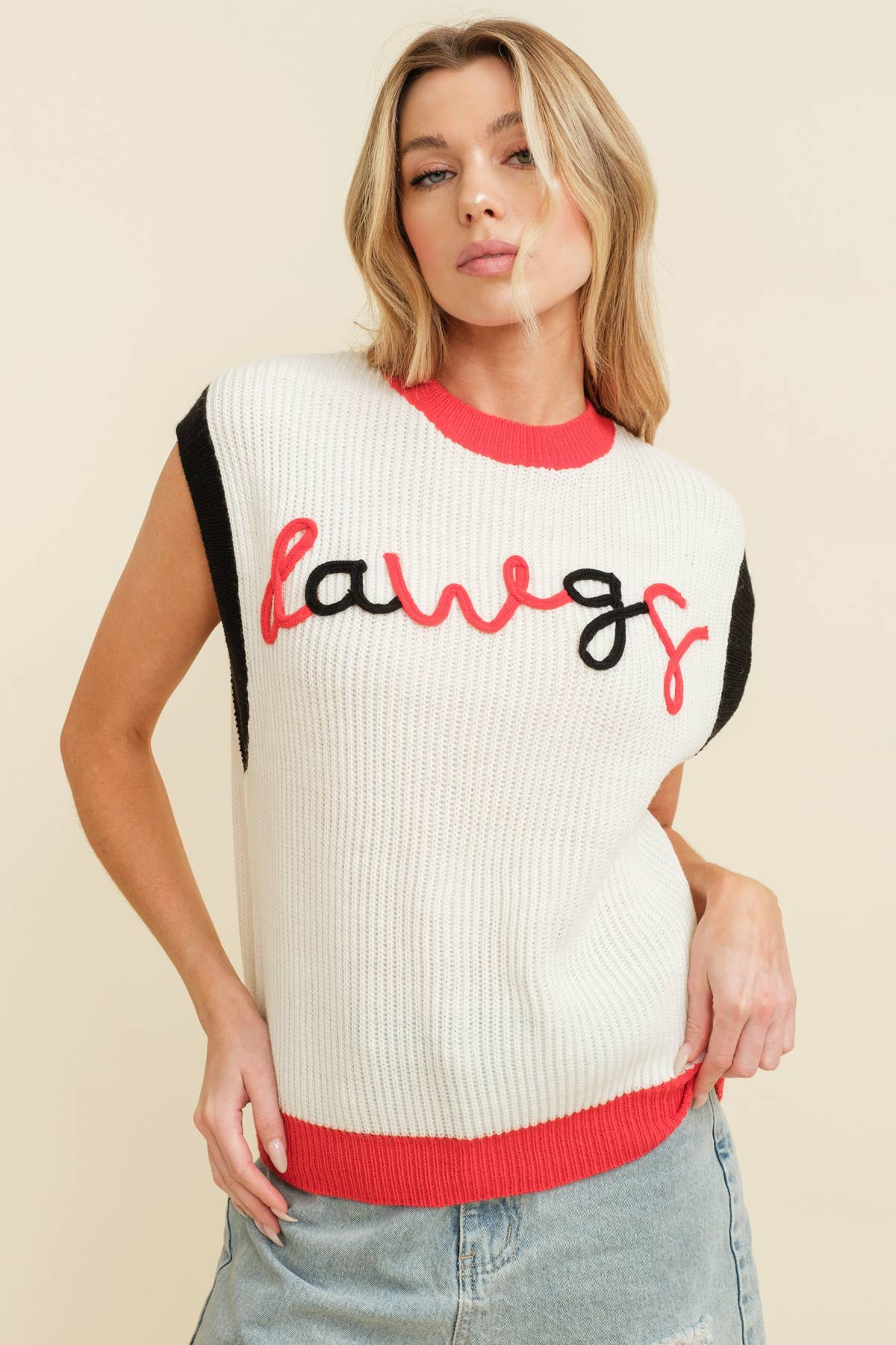 “DAWGS" Embroidered Colorblock Sleeveless Sweater