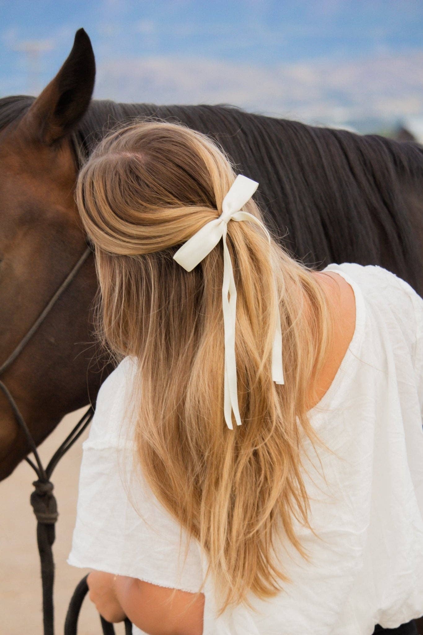 Cream Satin Ribbon Long Bow Clip