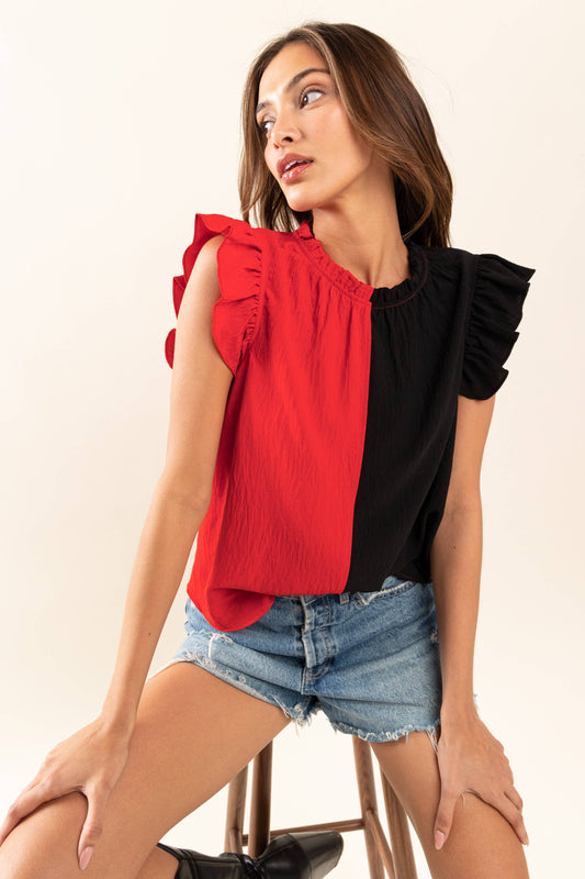 Game Day Ruffle Sleeveless Woven Blouse Top