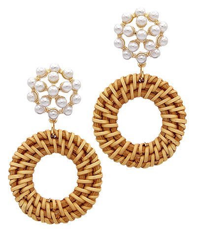 Rattan Circle & Pearl Drop Earrings