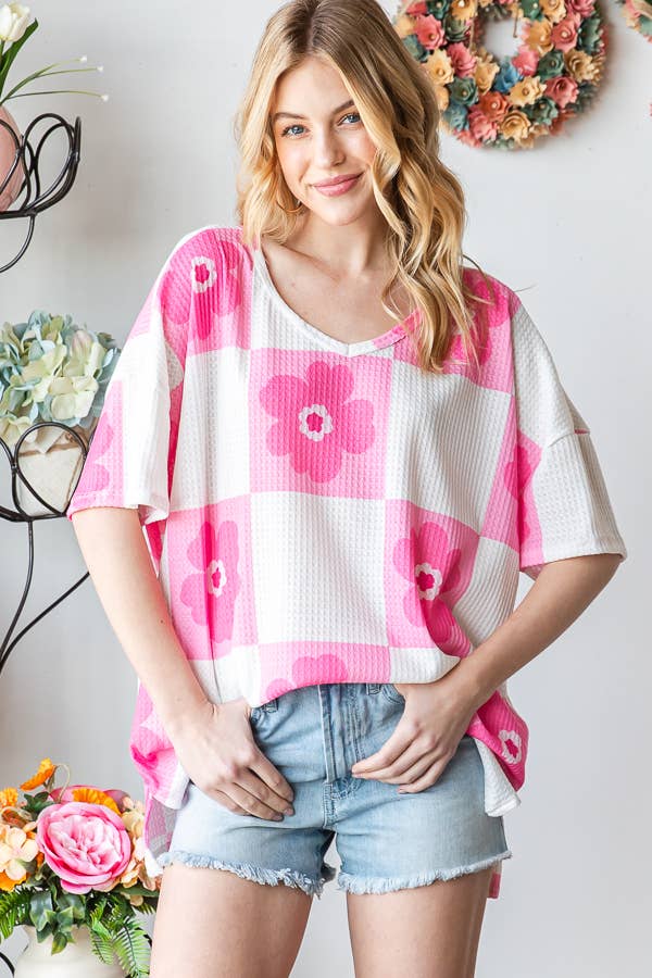 Flower Checkered Oversized Top