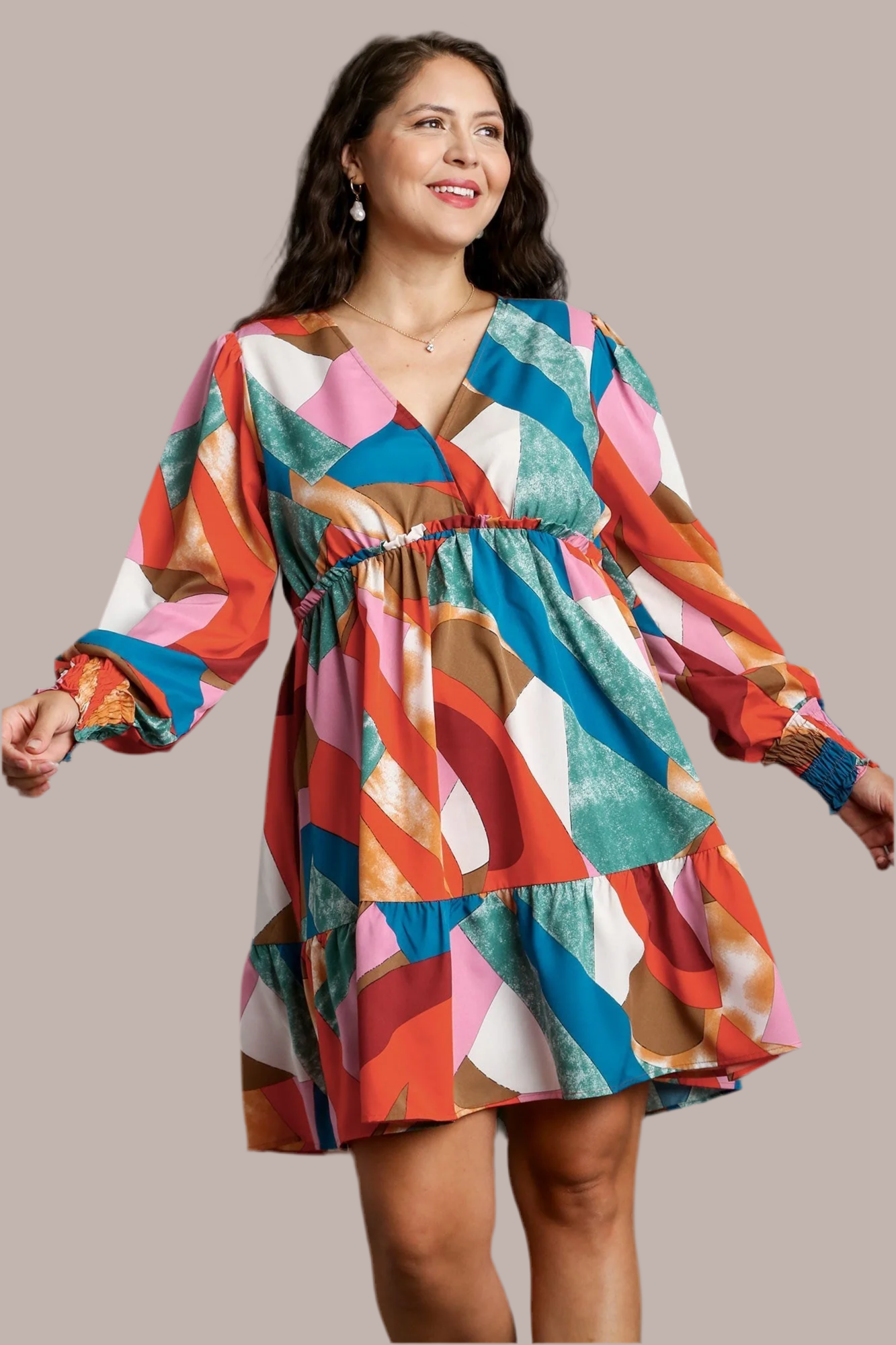 Abstract V Neck Tiered Dress