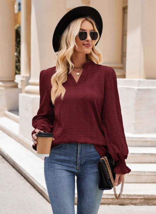 Wine V Neck Cable Knit Blouse