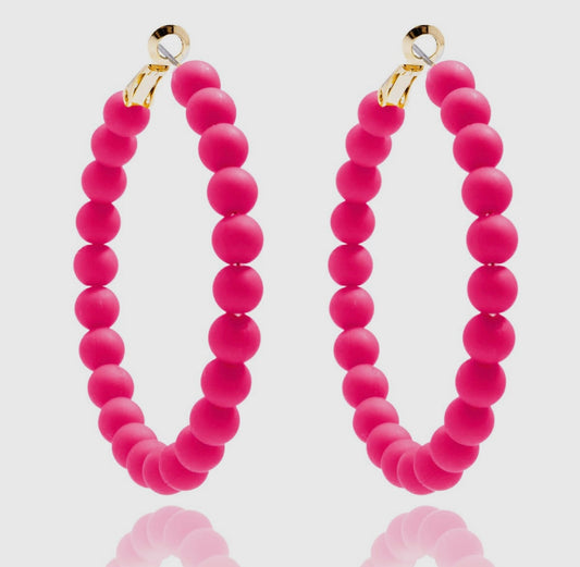 Hot Pink Matte Beaded Hoop Earring