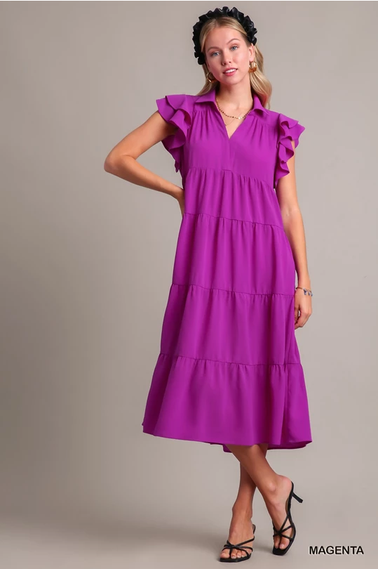 Umgee Magenta Split Neck Tiered Midi Dress