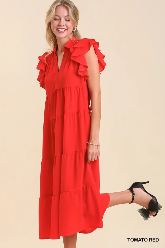 Umgee Red Split Neck Tiered Midi Dress