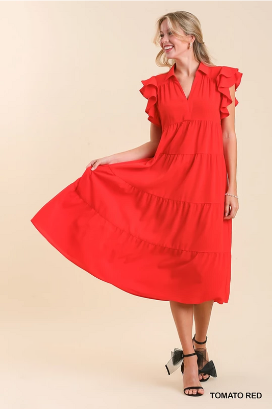 Umgee Red Split Neck Tiered Midi Dress