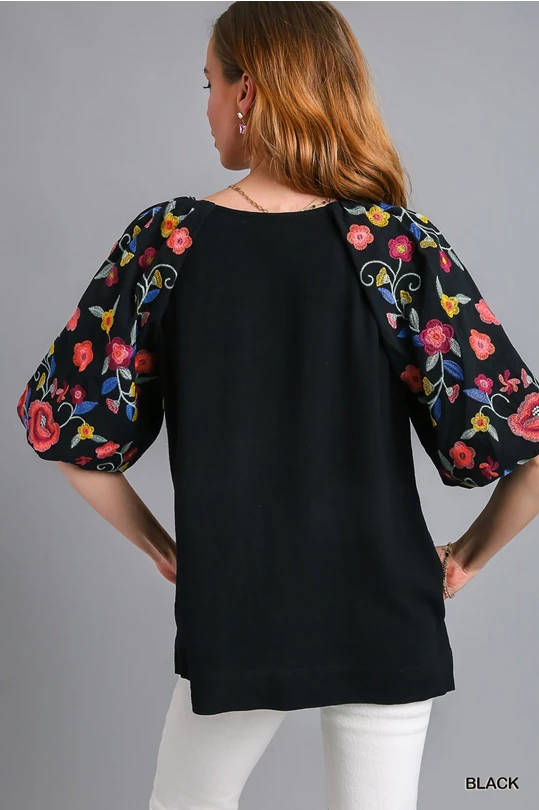 Black Top with Embroidered Sleeves