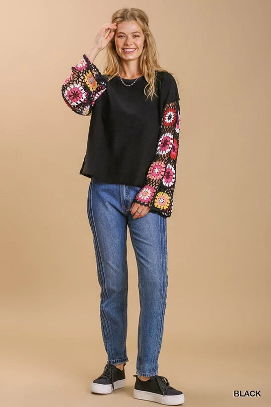 Umgee French Terry Top with Long Colorful Crocheted Sleeves in Black