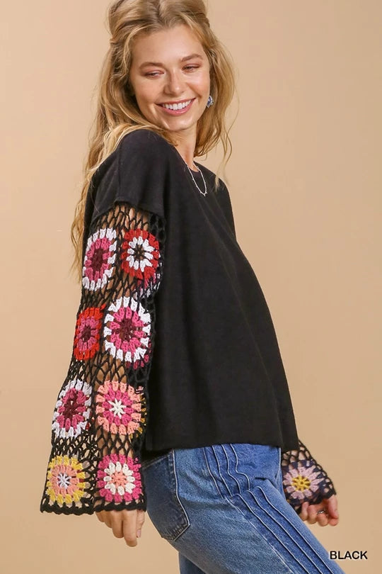 Umgee French Terry Top with Long Colorful Crocheted Sleeves in Black