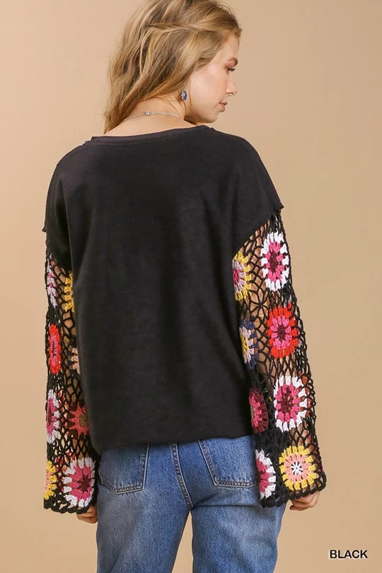 Umgee French Terry Top with Long Colorful Crocheted Sleeves in Black