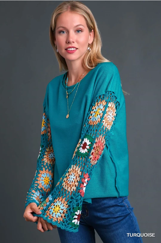 Umgee French Terry Top with Long Colorful Crocheted Sleeves in Turquoise