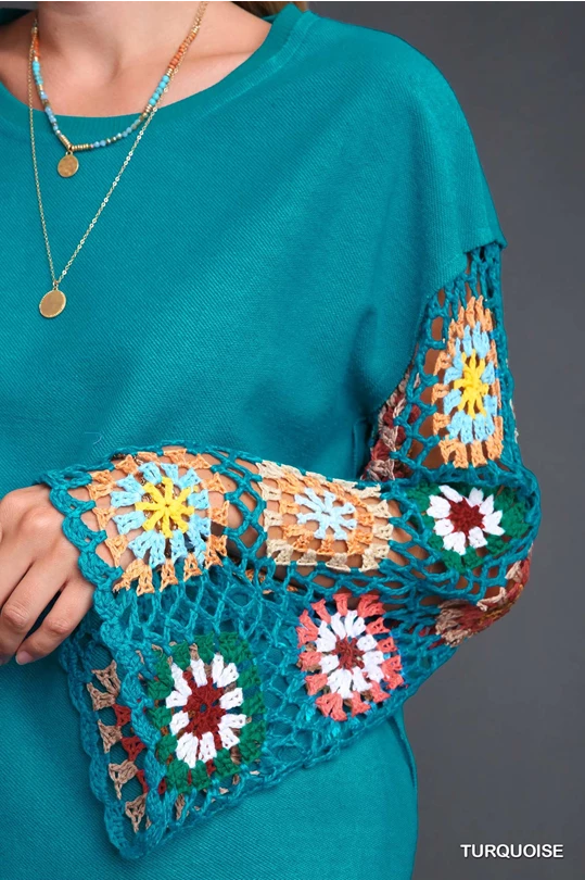 Umgee French Terry Top with Long Colorful Crocheted Sleeves in Turquoise