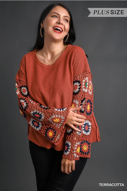 Umgee French Terry Top with Long Colorful Crocheted Sleeves in Terracotta