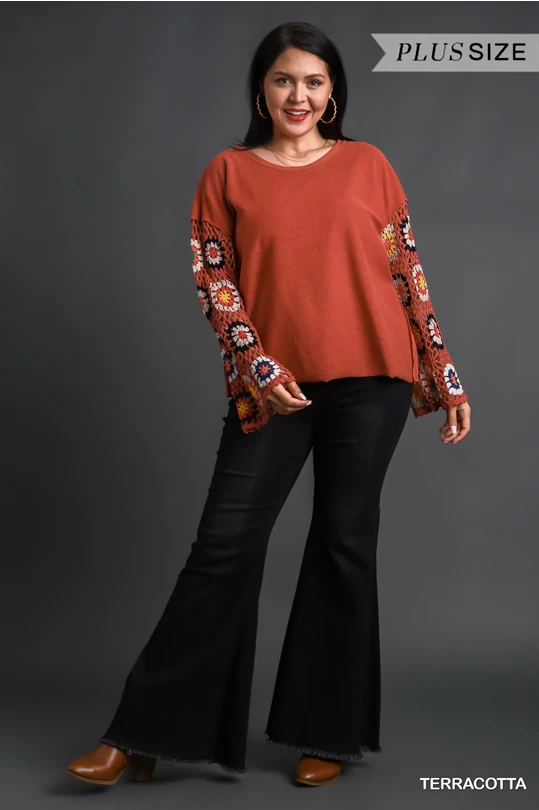 Umgee French Terry Top with Long Colorful Crocheted Sleeves in Terracotta