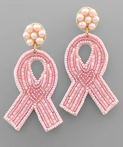 Pink Heart Ribbon Beaded Earrings