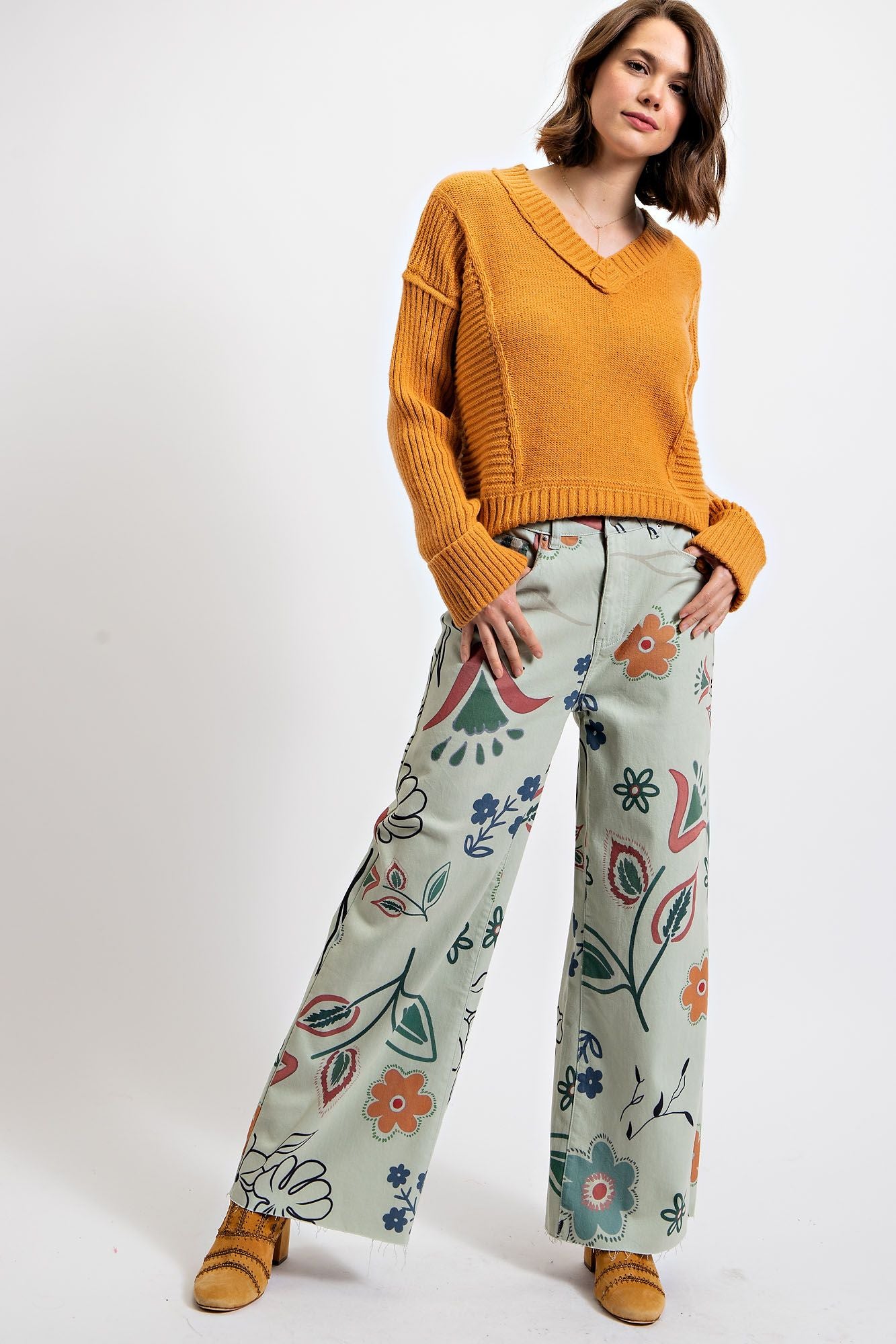 Khaki Fun Print Wide Leg Pants