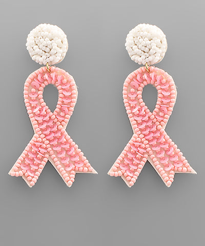 Beaded Pink Ribbon Earrings