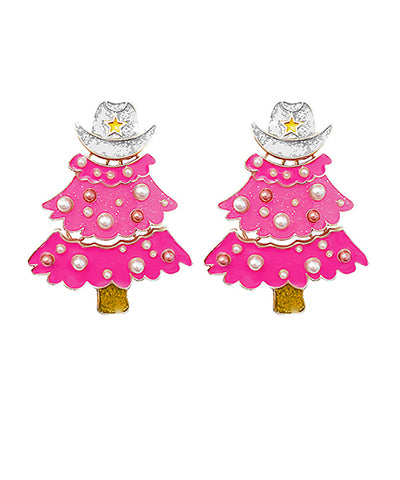 Pink Christmas Tree & Western Hat Earrings