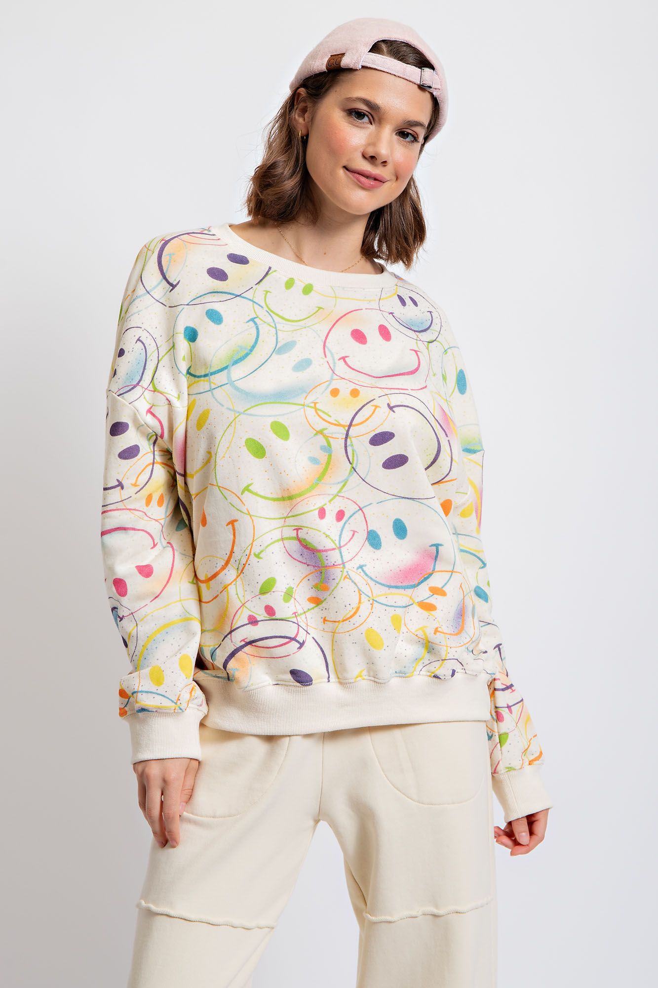 SMILEY FACE WASHED TERRY PULLOVER