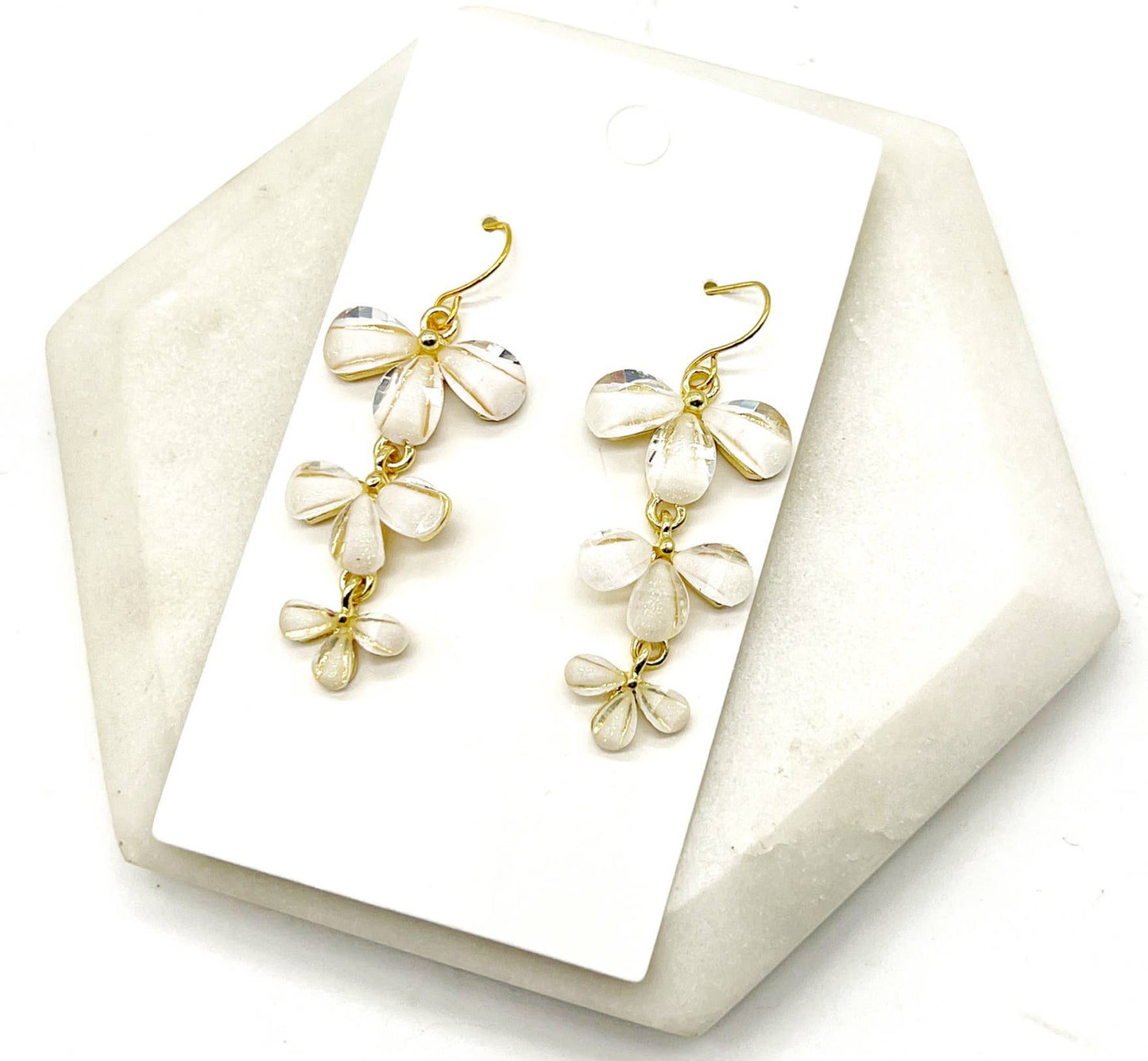 White Cascading Flower Metal Statement Earrings