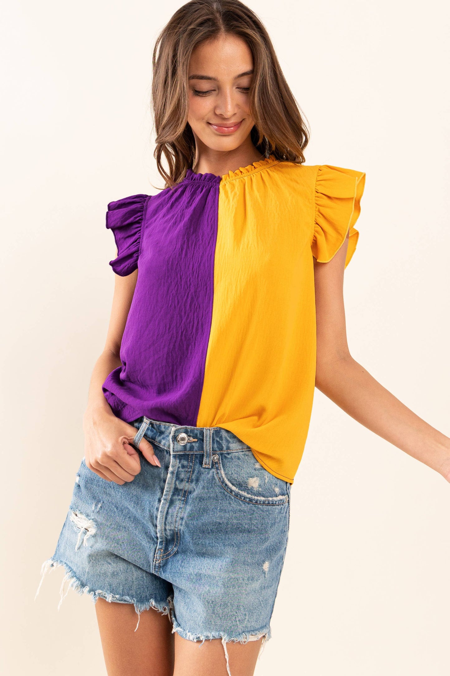 Game Day Ruffle Sleeveless Woven Blouse Top