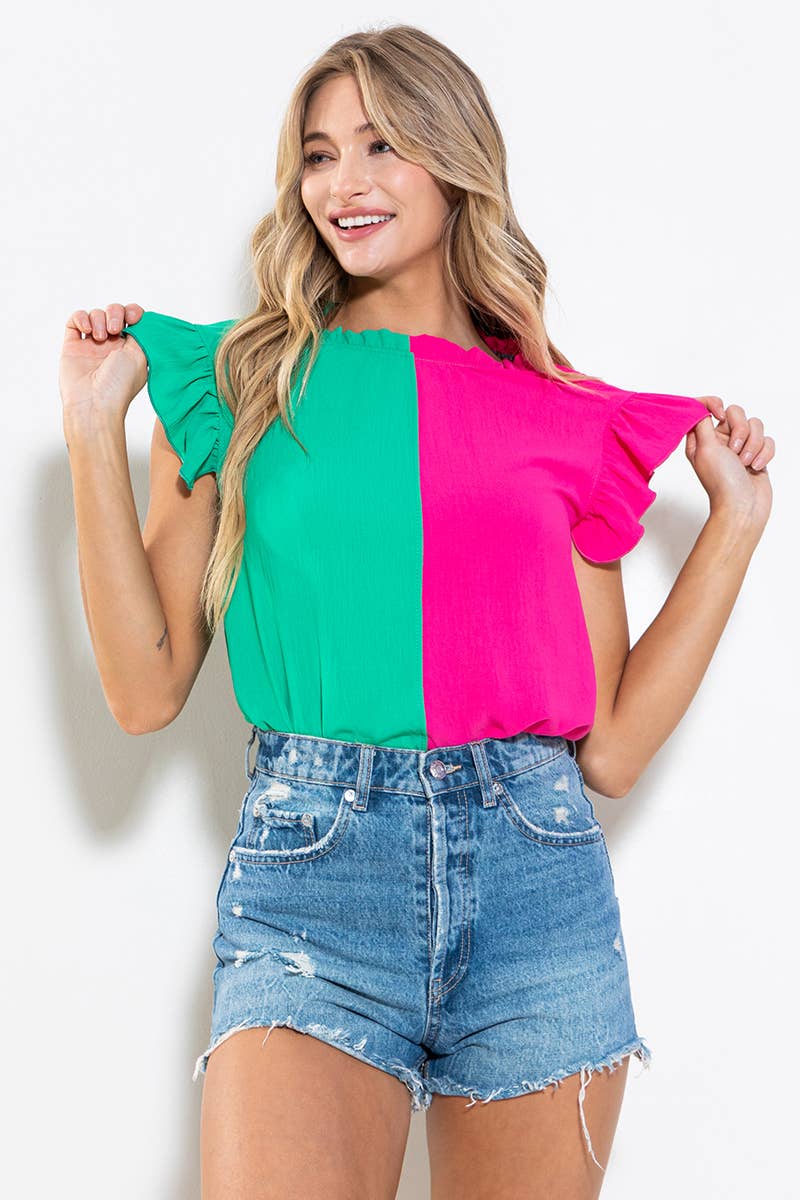 Game Day Ruffle Sleeveless Woven Blouse Top