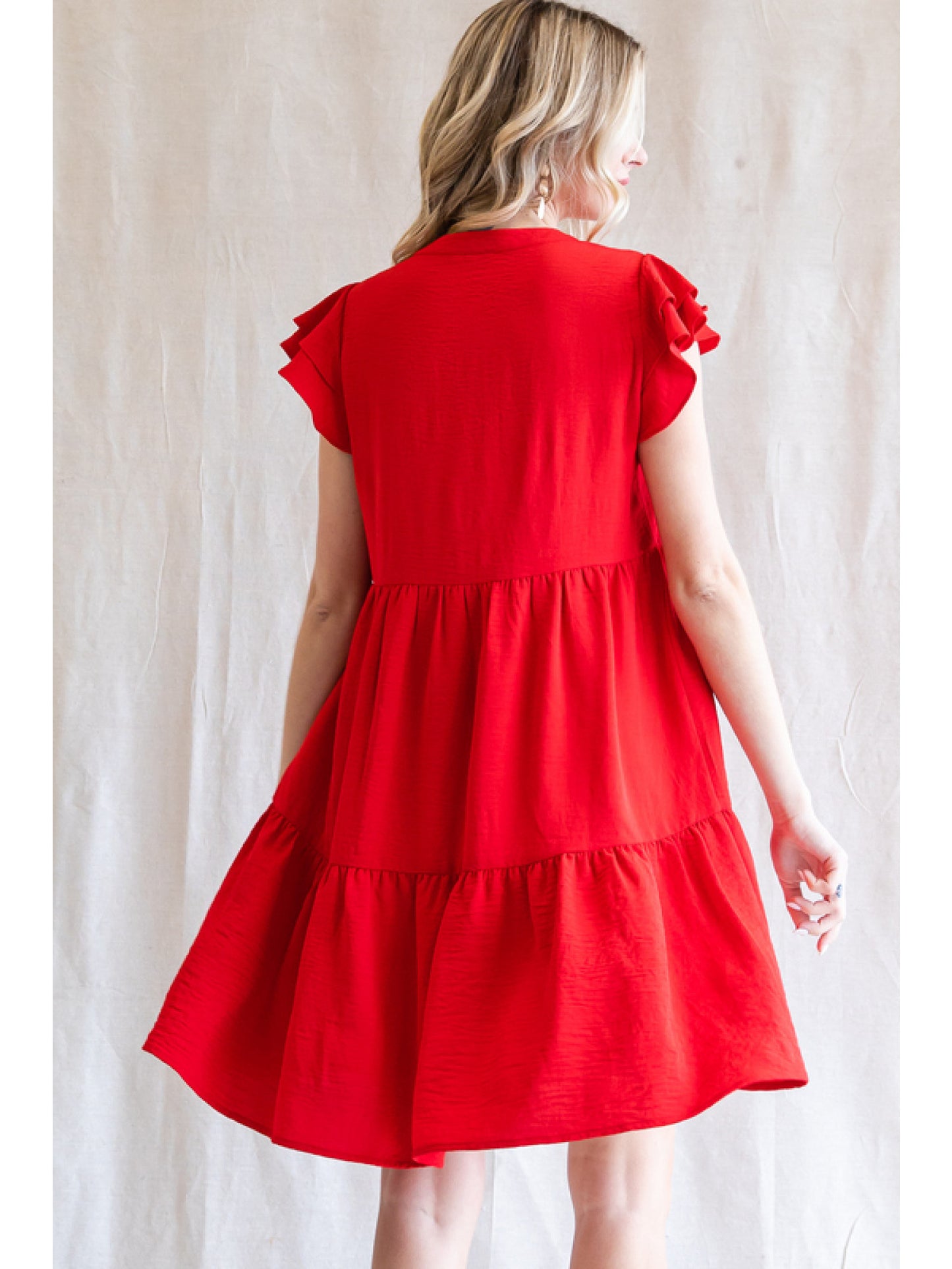 Red Ruffle Sleeve Tiered Dress