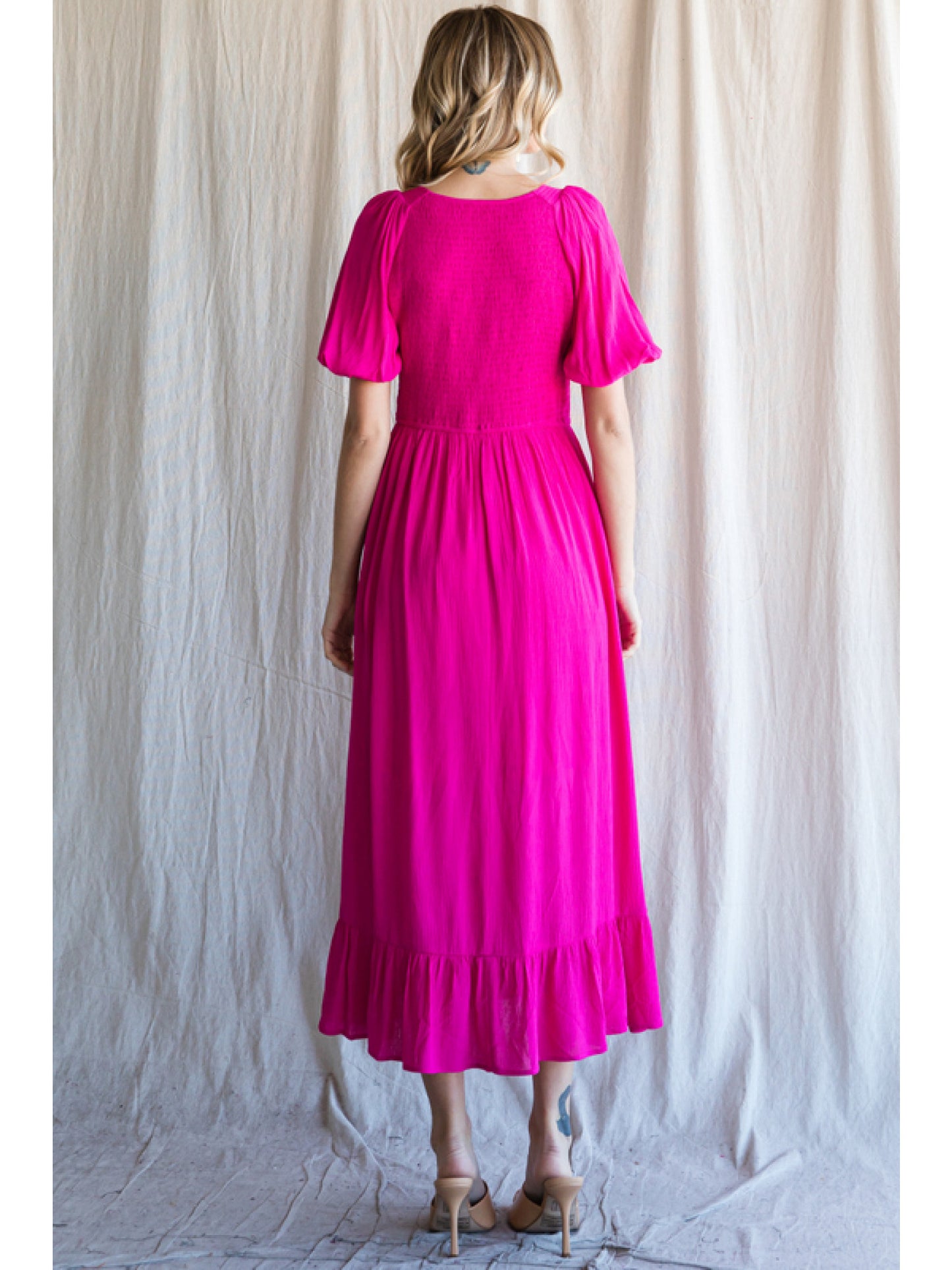 Feelin’ Fine In Fuchsia Smocked Midi Dress