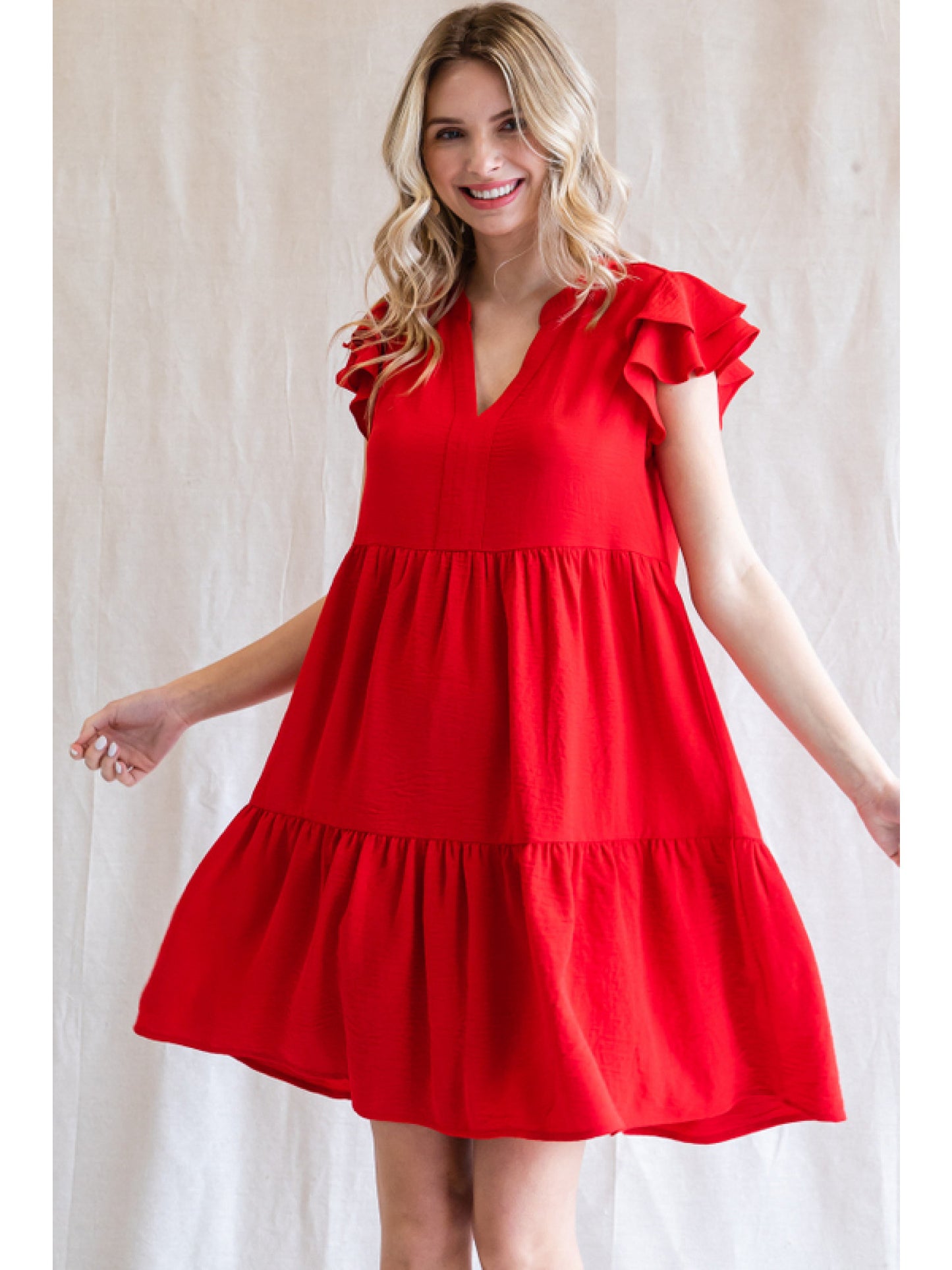 Red Ruffle Sleeve Tiered Dress