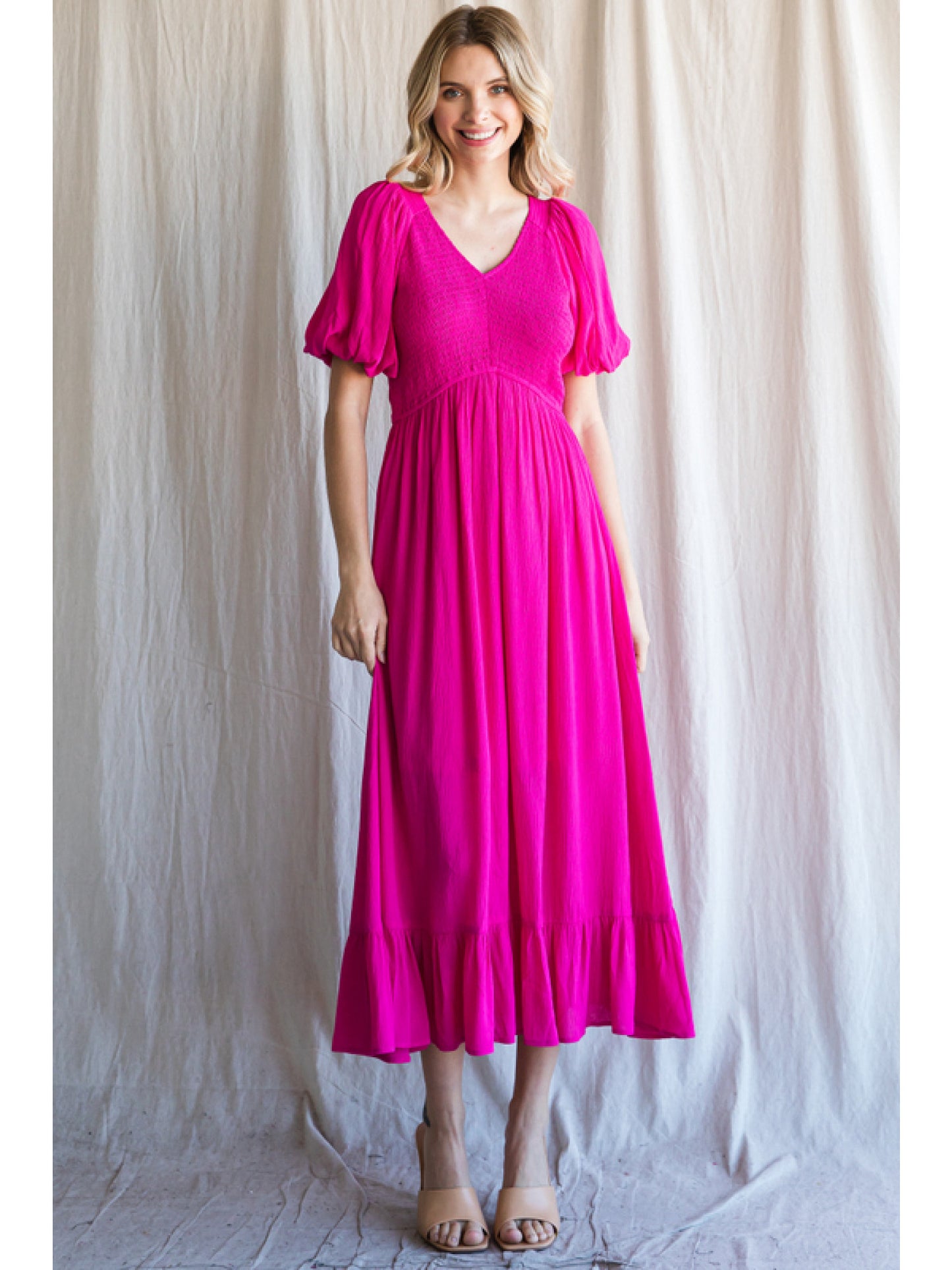 Feelin’ Fine In Fuchsia Smocked Midi Dress