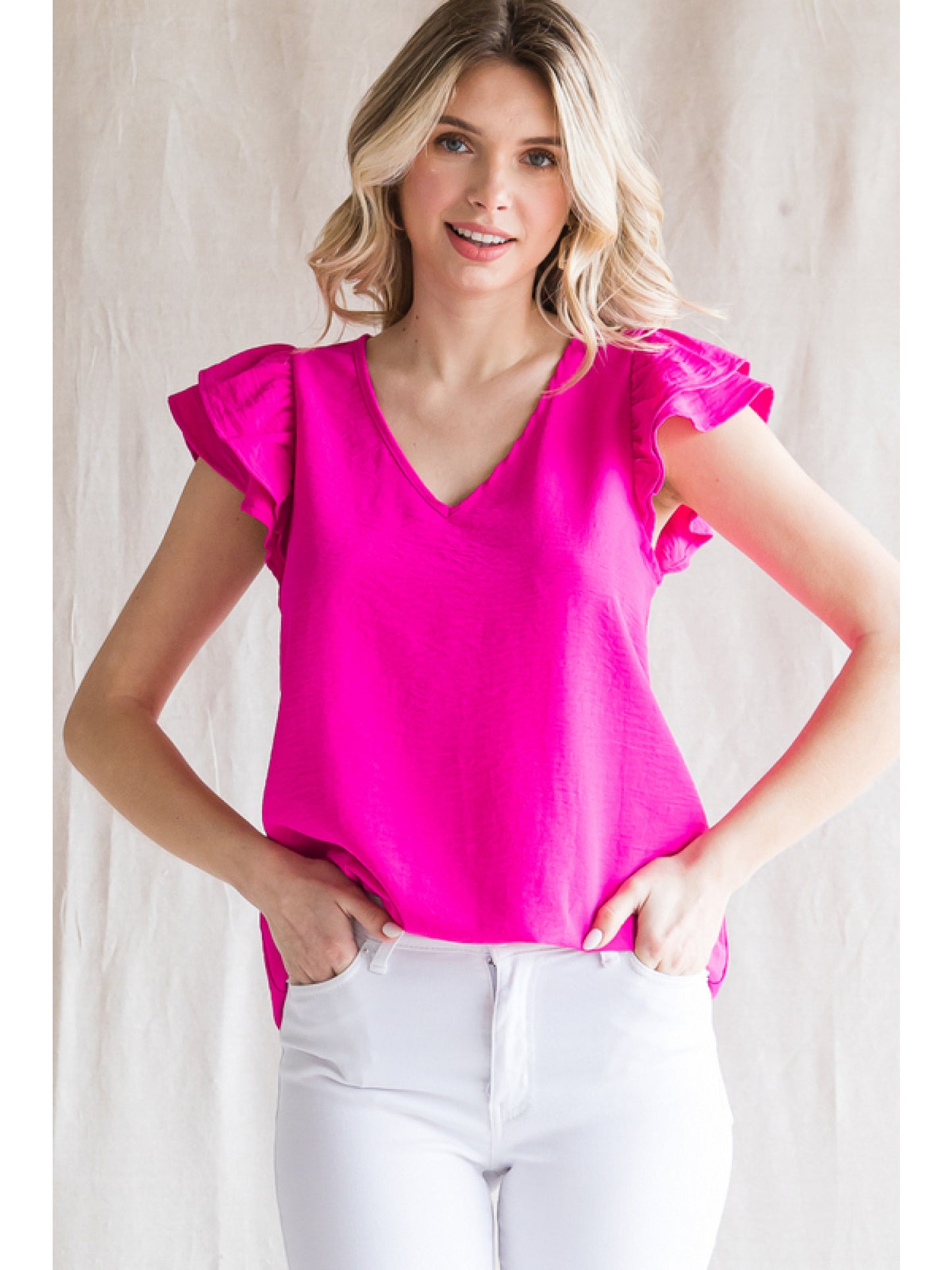 Solid V-Neck Ruffle Sleeve Top