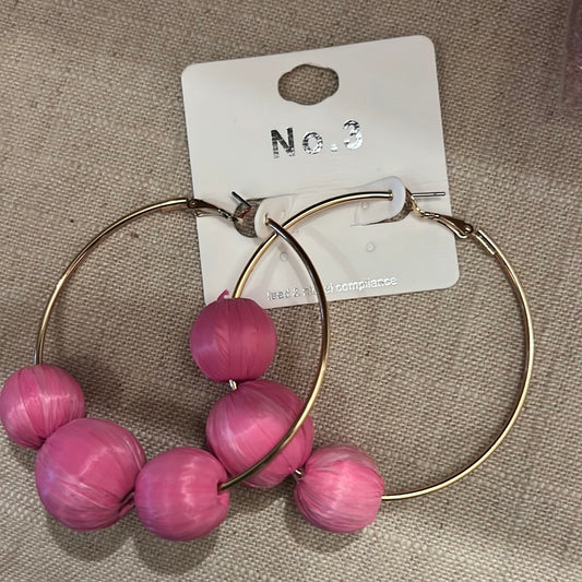 Fuchsia Raffia Ball Gold Hoops