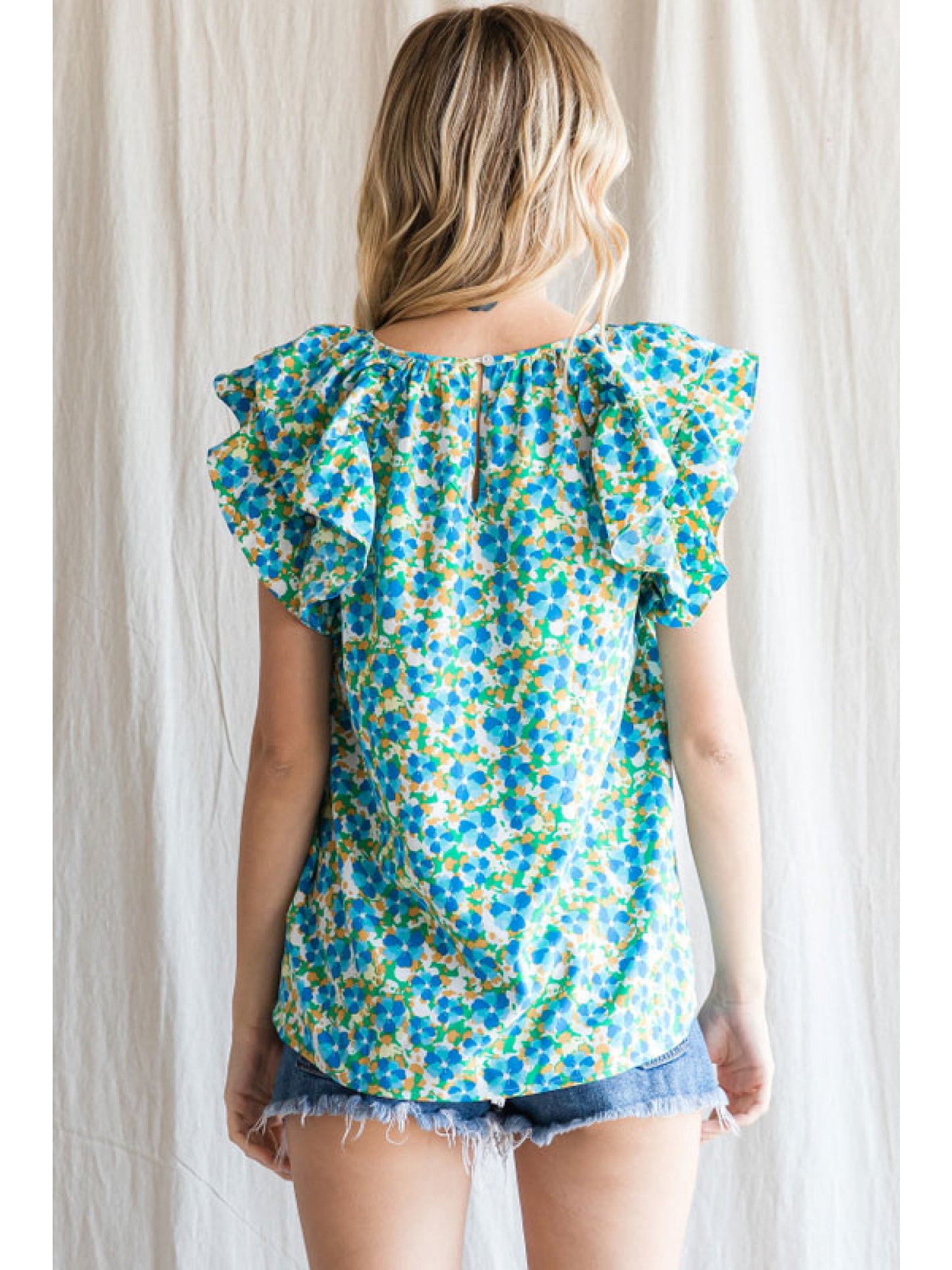 Blue Blossom Floral Flutter Sleeve Blouse