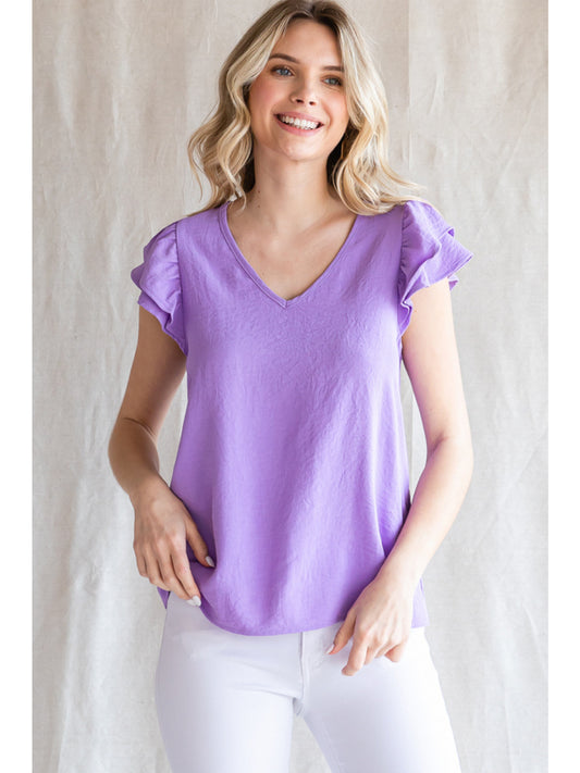 Solid V-Neck Ruffle Sleeve Top