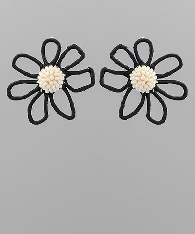 Black and White Raffia Flower Earrings